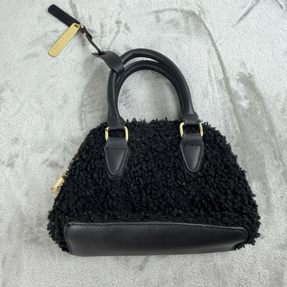 Steve Madden Black Faux Sherpa Mini Satchel Handbag Gold‎ Hardware
